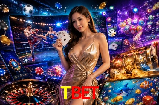 Una escena digital vívida inspirada en casino con TBET mostrado prominentemente, luces brillantes, fichas, cartas y acentos dorados.